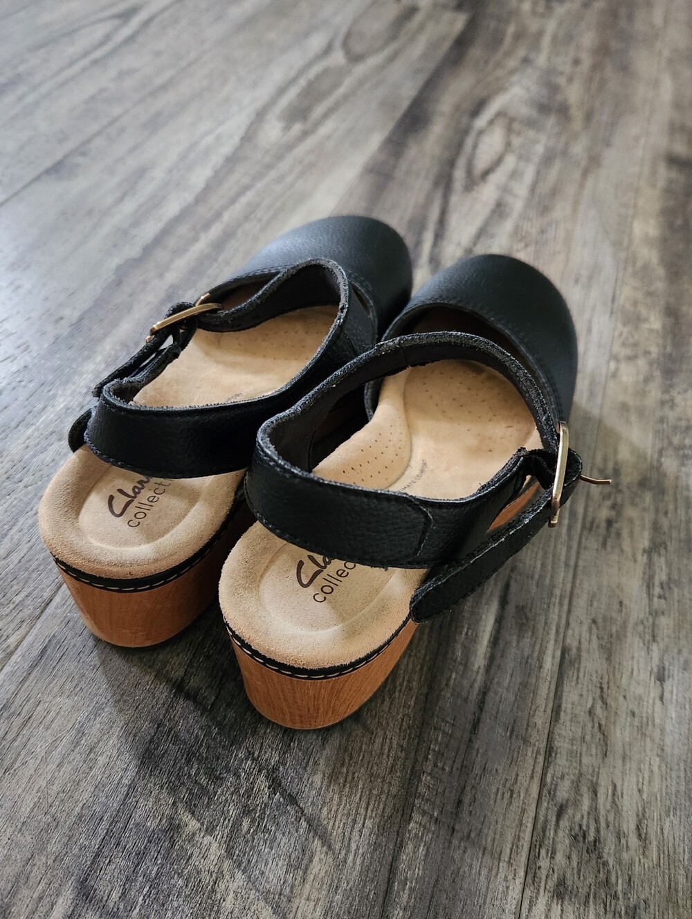 Clarks Paizlee Bay Black Leather Clog Wood-Effect Platform Ankle Strap Sandals - Picture 6 of 10